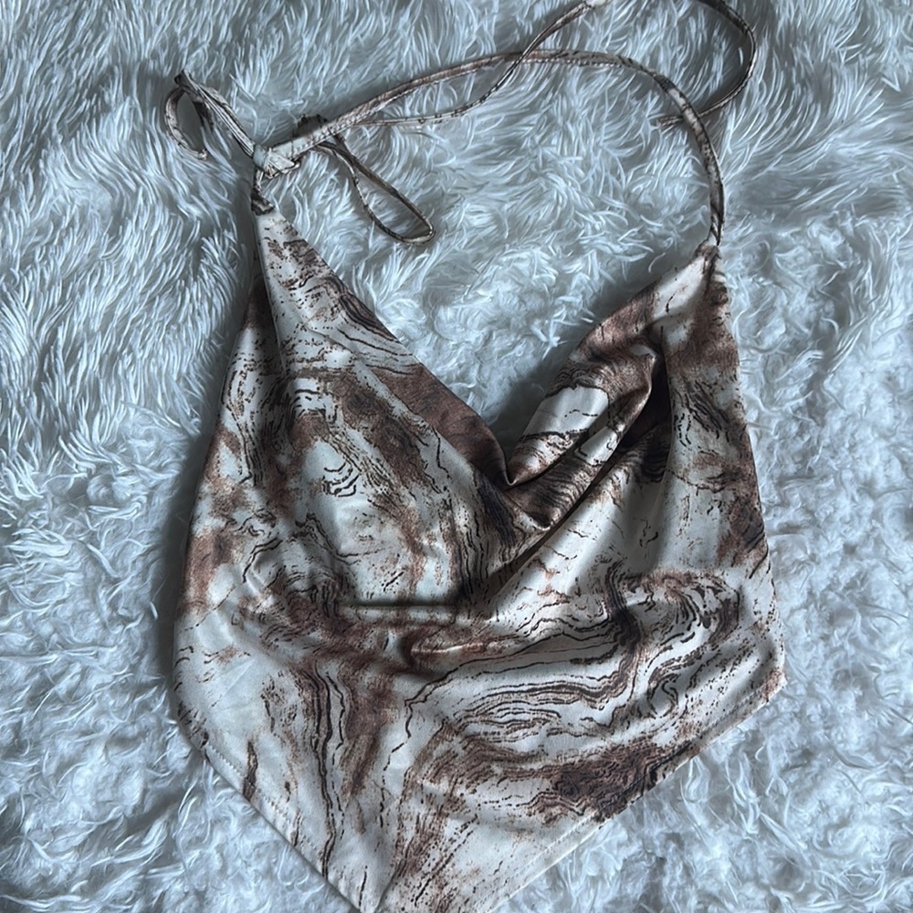 Brown Marble silk crop neck tie top